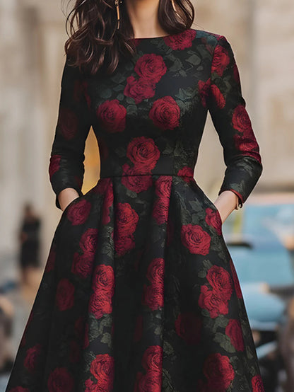Black-Bottom Red Rose Jacquard Waist-Defining Full-Skirted Gown for Women | Vintage-inspired Elegant Banquet Style, Perfect for Evening Events, Weddings, and Autumn/ Winter Occasions