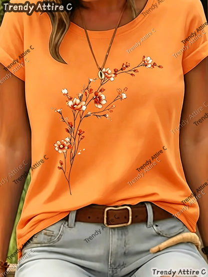 This Short-sleeved T-shirt Features A Purple Floral Print with A Horizontal Branch Pattern. It Has A Regular Fit And A Round Neck, Making It A Suitable Gift for Spring/summer. Perfect for Outdoor Casual Wear