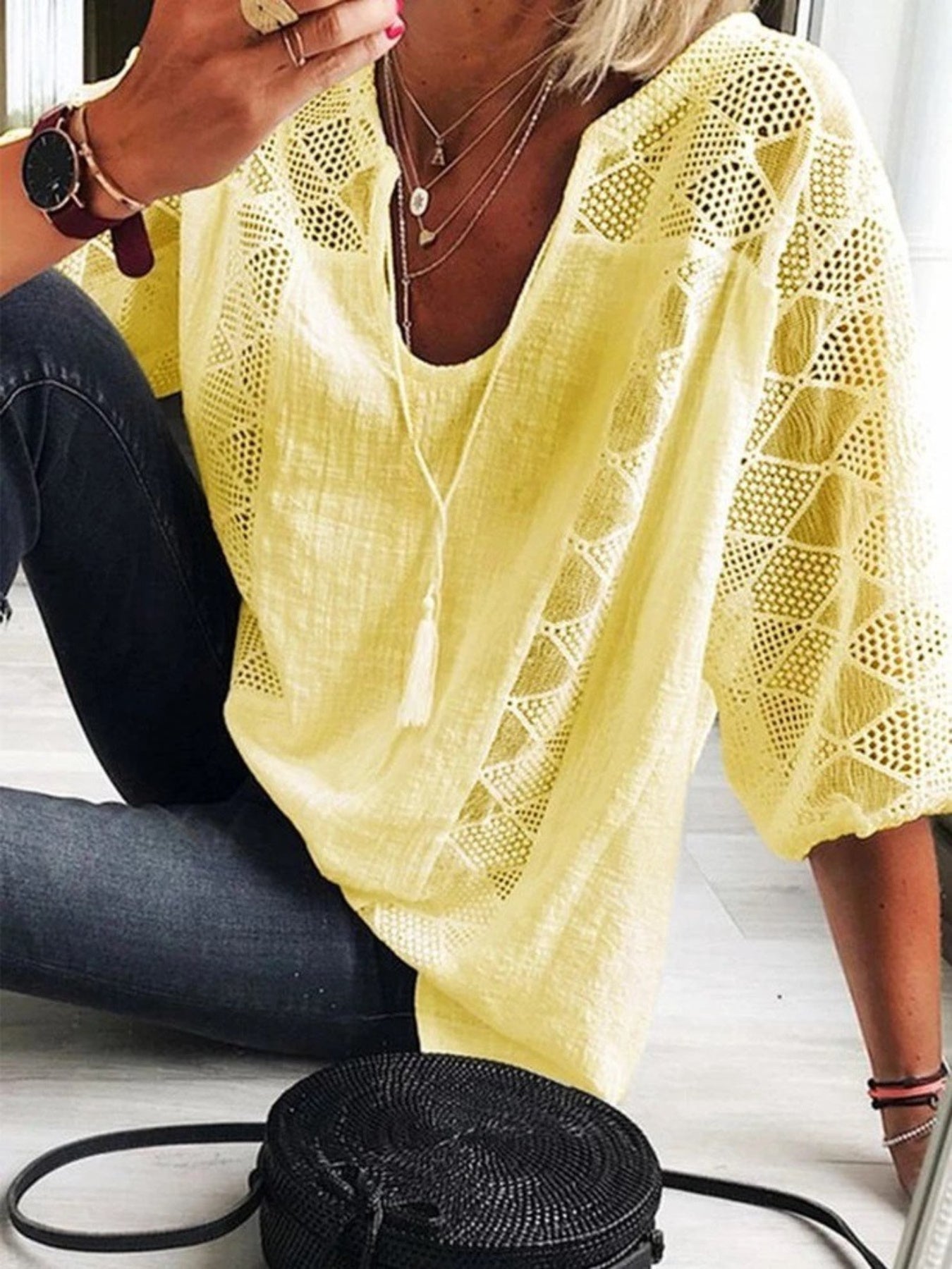 New U-Neck Lace Patchwork Top- Loose Three-Quarter Sleeve Design- Fashion Blouse