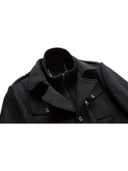 Men's Stand Collar Fleece Blend Pea Coats with Removable Inner Collar Single Breasted Overcoat