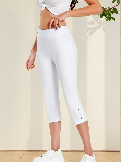 Women's Pull On Straight Leg Capri Pants Stretch Comfort Fit with Eyelet Detail And Two Pockets