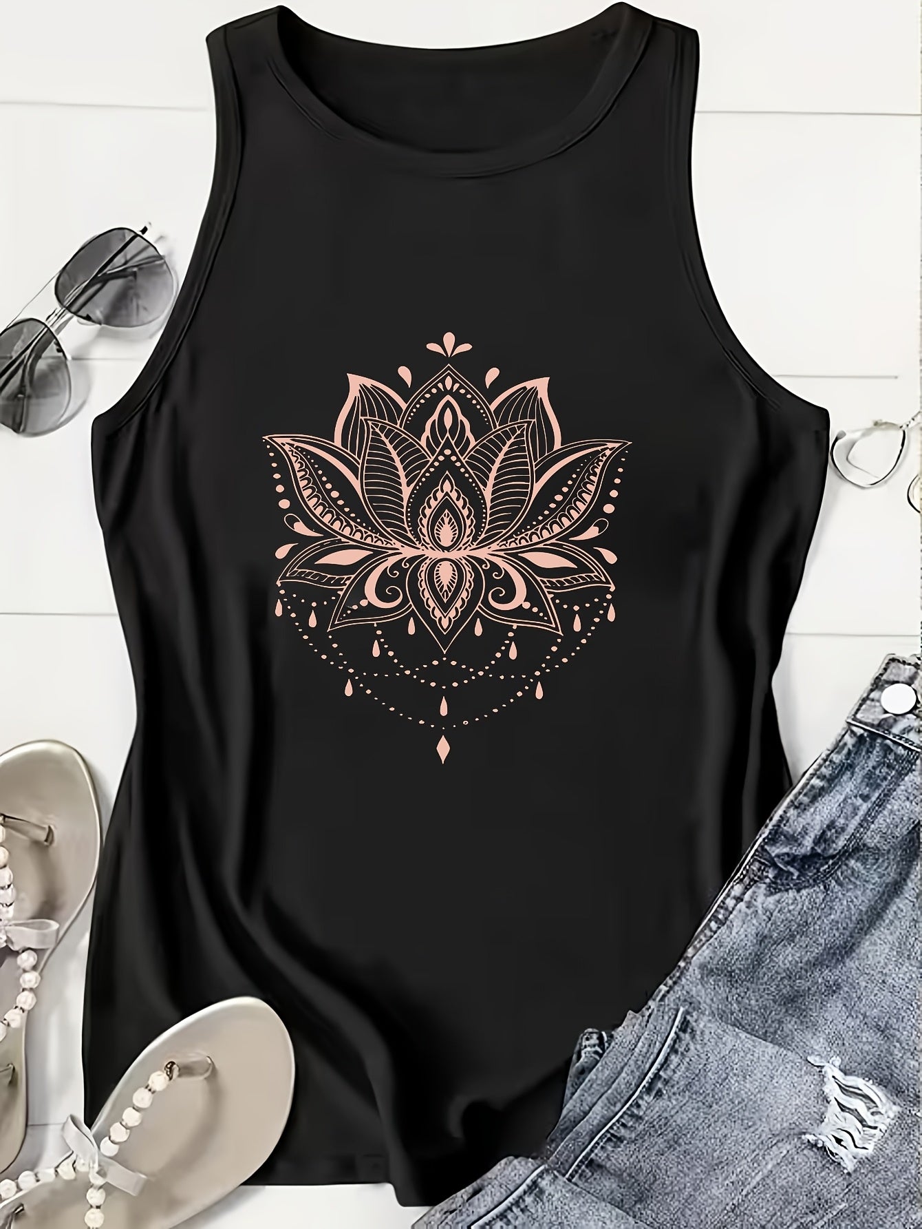 Plus Size Women'S Casual Pattern Vest Lotus Mandala Design Pattern Print Printed, Loose And Versatile, Machine Washable Tank Top, Seasonal Fashion Style, Non-See-Through Material