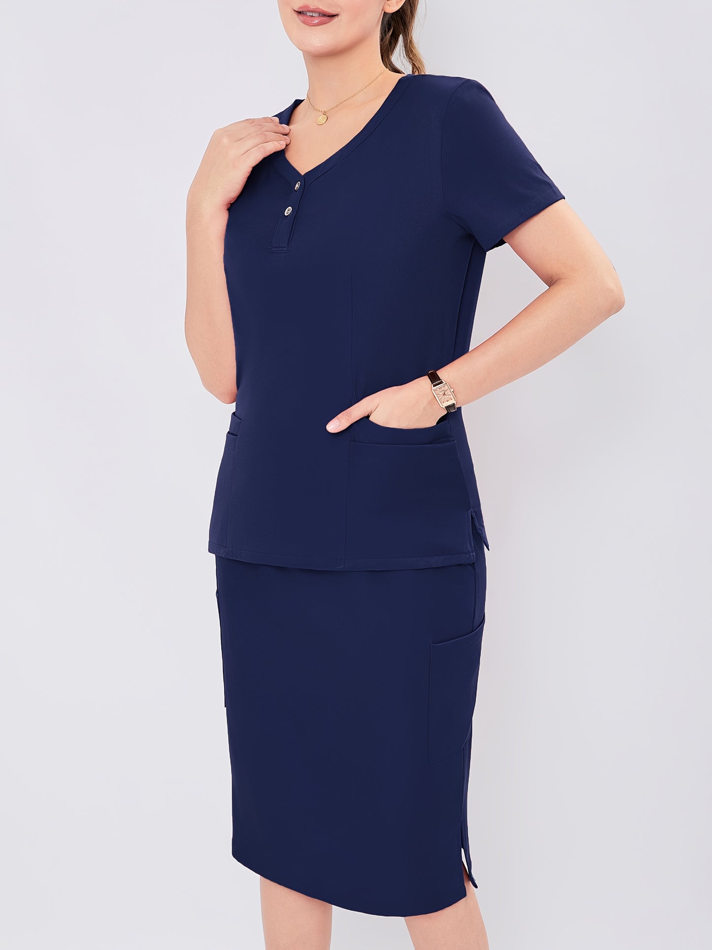 Women's V-Neck Button-Up Scrub Set, Fashionable Short Sleeve Beauty Salon Medical Hand Wash Uniform, Polyester Blend, Casual Style, Regular Fit, Solid Color, Straight Sleeve, Knee-Length Skirt with Pockets, Pullover Top