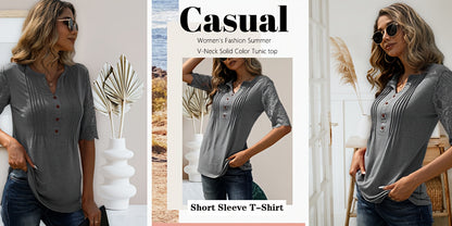 Casual Short-Sleeve T-Shirt for Women, Featuring a Pleated Design And V-Neck in Solid Colors, Perfect for Summer