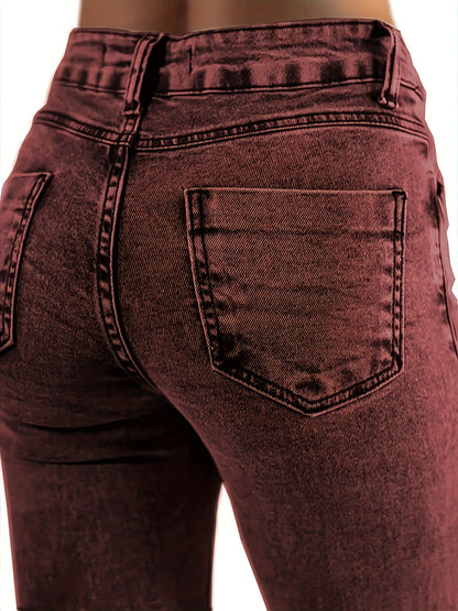 High Waisted Brown Washed Vintage Western Denim Style Stacked Elastic Horseshoe Slightly Flared Pants