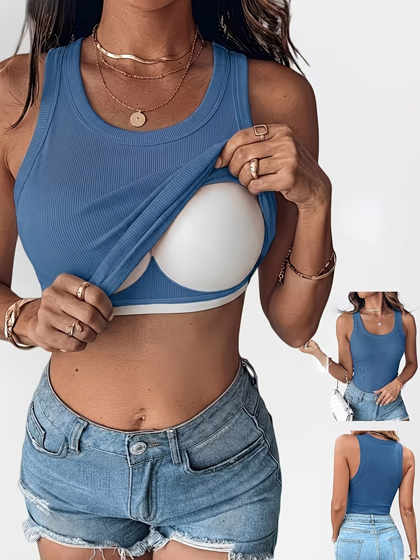 Women'S Padded Ribbed Vest-Seamless Sports Crop Top, with Underwear And Detachable Chest Pad, Breathable Yoga Fitness Base Shirt
