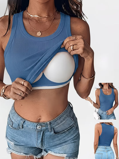 Women'S Padded Ribbed Vest-Seamless Sports Crop Top, with Underwear And Detachable Chest Pad, Breathable Yoga Fitness Base Shirt