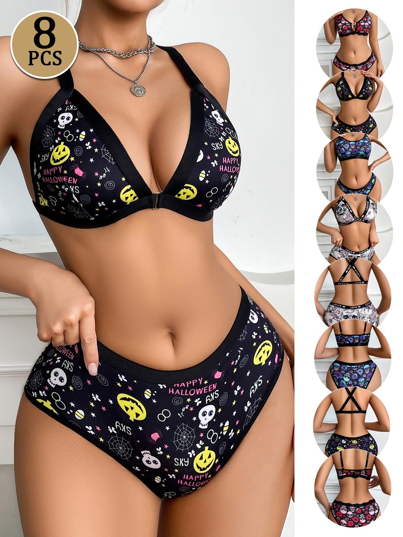 8pcs Sexy Women's Lingerie Sets, Comfortable Sporty Front Closure Bra And Panty Sets, Skull And Floral Prints, Crisscross Shoulder Straps, Breathable And Quick Drying, Suitable for Casual Attire And Exercise, Halloween Lingerie Sets