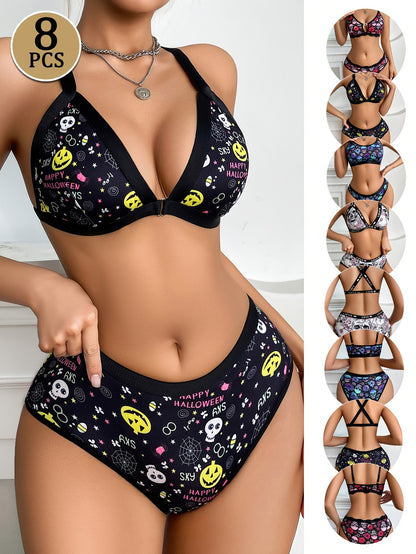 8pcs Sexy Women's Lingerie Sets, Comfortable Sporty Front Closure Bra And Panty Sets, Skull And Floral Prints, Crisscross Shoulder Straps, Breathable And Quick Drying, Suitable for Casual Attire And Exercise, Halloween Lingerie Sets