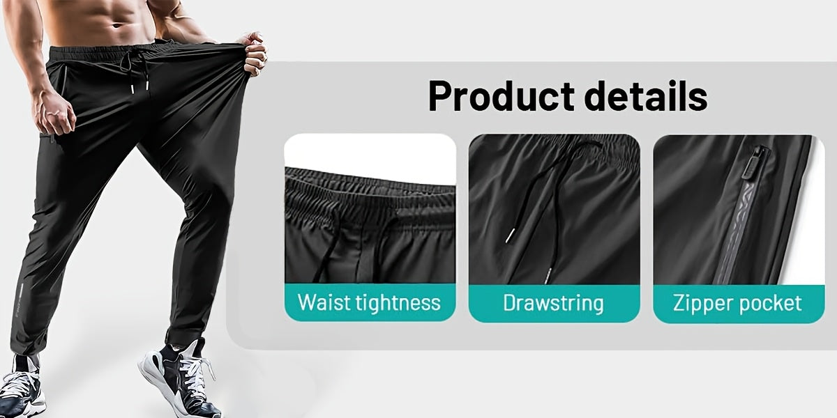 3pcs Men's Summer Solid Color Tapered Sports Pants, High Stretch Fiber, with Ribbed CuffDesign, Nylon 80%Spandex 20%, Reflective Stripe Design At The Hem Of Pants, Regular Fit with ZipperPockets, Breathable ComfortableRunningTraining LongTrousers