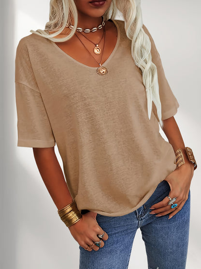 Women Fashion V-Neck Half Sleeves Oversized T Shirt Solid Casual Loose Basic Tops