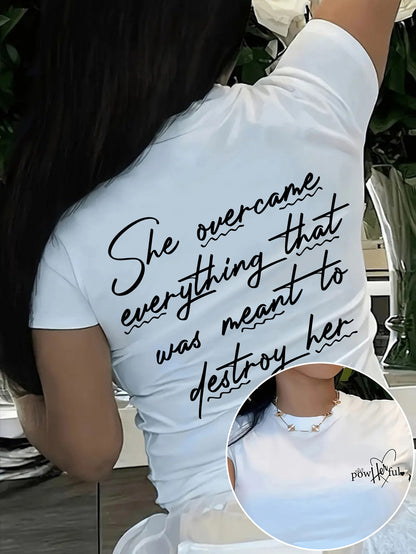 Short T-Shirt for Women with Inspirational Print - "She Overcomes Everything" Back Design, Casual Summer Top with Short Sleeves, Medium Stretch Crew Neck, Machine Washable, Motivational Text Design, Comfort Fit