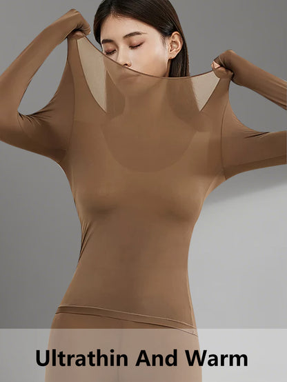 2pcs QUASTI Women's Ultra-Thin High Stretch Thermal Underwear - Seamless Invisible Bottom Layer, Warm & Comfortable for Fall & Winter, Solid Colors (, Brown,) - Perfect for Layering Tops, Winter Underwear, Sleek Design, Smooth Texture