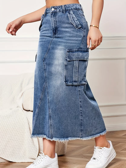Women's Mid-Rise Stretch Denim Skirt with Baggy Hem & Frayed Edge Detail - Casual Workwear Style Mid-Length Skirt for Spring Summer Fall, Machine Washable, Jean Skirt