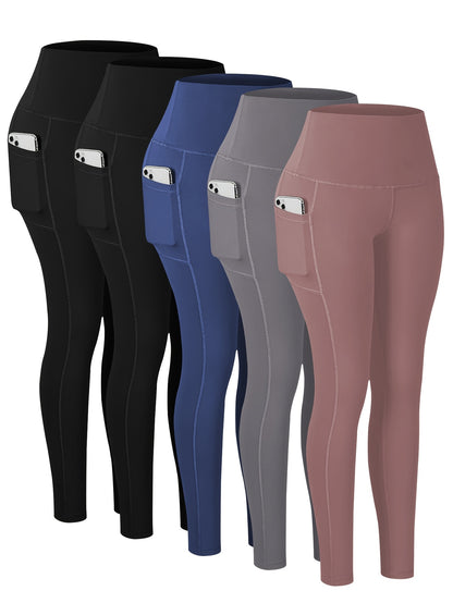 5pcs Women's Plus-Size High-Waisted Yoga Pants with Butt Lifting & Pockets - Full-Length Workout Leggings, Soft Stretch Fitness Pants Suitable for Gym, Pilates, Casual Attire - 5pcs Bulk Pack