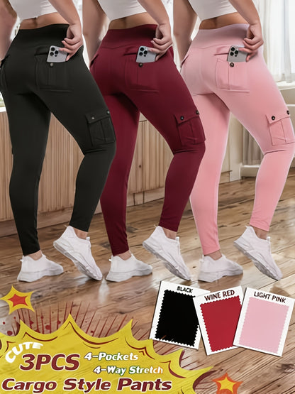 3-Pack High Waisted Cargo Yoga Pants With Slide Pockets - Tummy Control, 4 Pockets, Breathable 4-Way Stretch, Moisture Wicking, Perfect For Running, Gym & Yoga Lovers