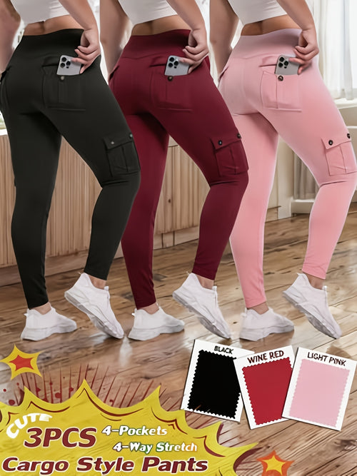 3-Pack High Waisted Cargo Yoga Pants With Slide Pockets - Tummy Control, 4 Pockets, Breathable 4-Way Stretch, Moisture Wicking, Perfect For Running, Gym & Yoga Lovers