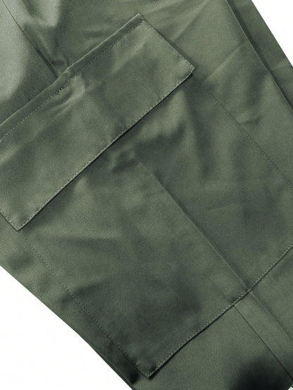 Women'S Spring/Autumn Zipper Pocket Cargo Pants, Fashionable Large Pocket Design, Drawstring Elastic Waist, Casual Outdoor/Daily Wear Slim Fit Trousers