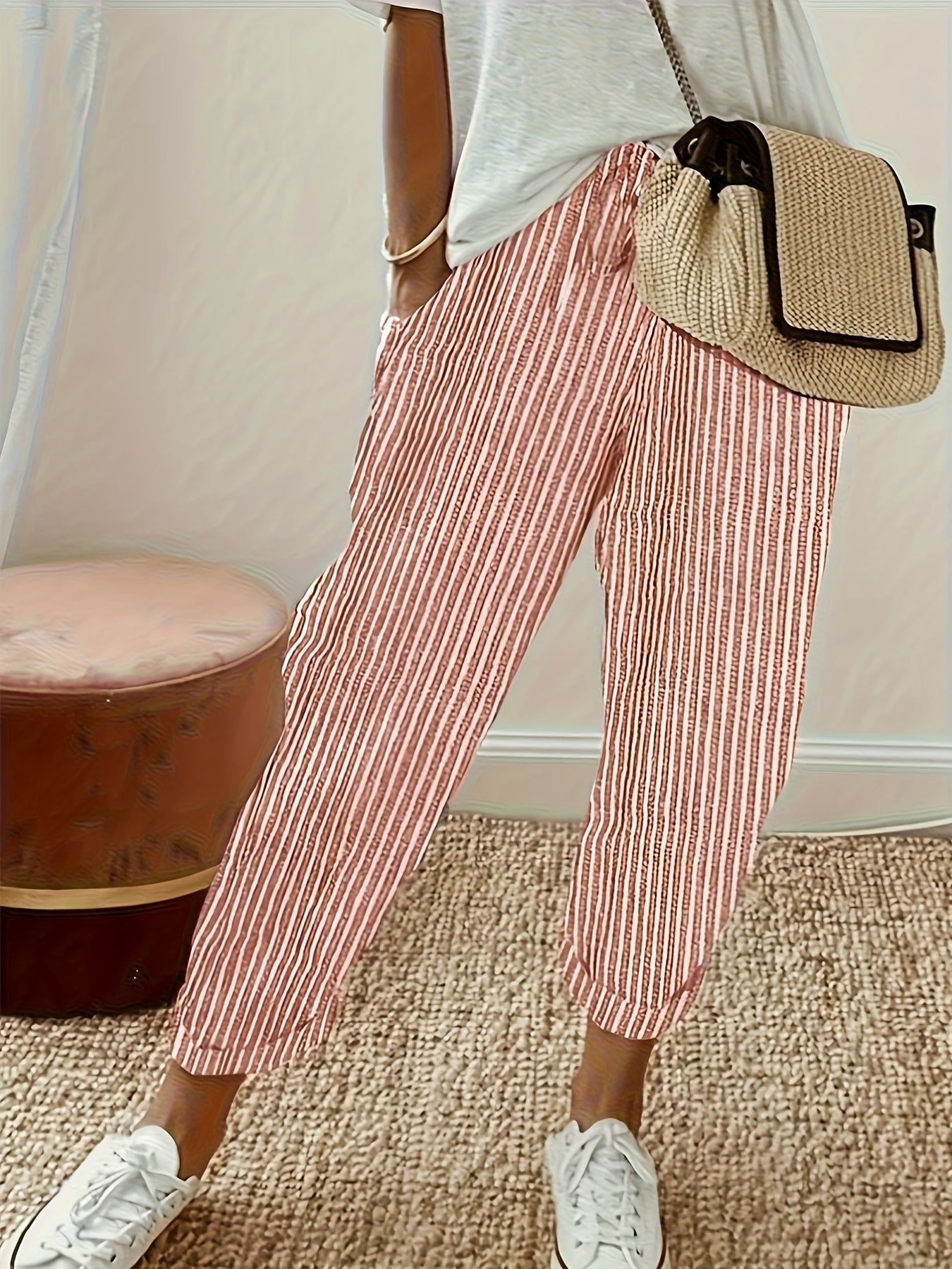Women's High-Waisted Casual Wide Leg Pants - Lightweight Polyester, Machine Washable, All-Season Comfort with Side Stripe Detailing, 3/4 Length Relaxed Fit for Casual Attire, Comfy Pants, Versatile Wardrobe Staple, Stylish Stripe Detailing, Durable Constr