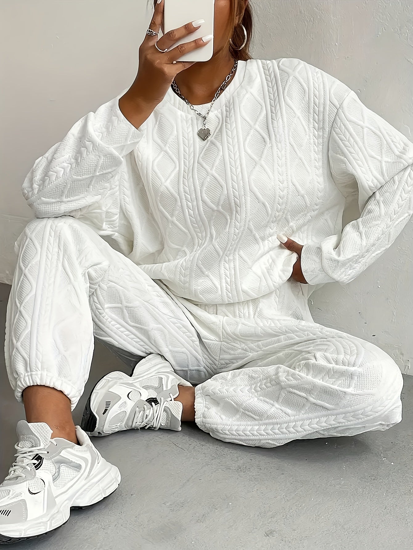 Women's Casual 2pcs Pullover Set - Consists Of A Textured Solid Color Jacquard Long-sleeve Crewneck Top And Sweatpants, High-quality Fabric, Women's Suit, Women's Summer Clothing, Sweatsuits Women 2pcs Women Clothing