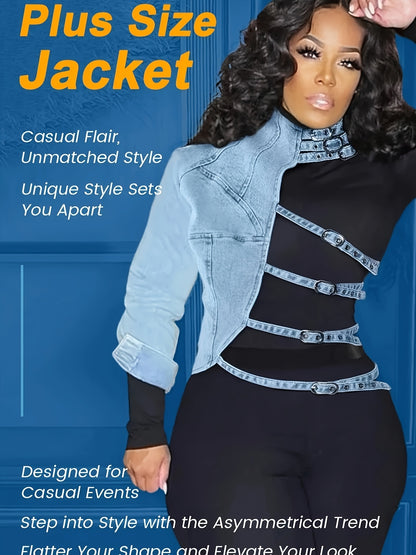Denim Jacket for Plus-Size Women, Featuring a Patchwork Design, with an Asymmetrical One-Shoulder Cut And a Short Style