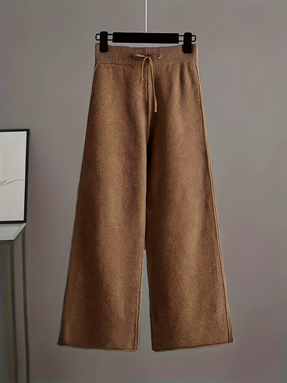 Ladies' Autumn And Winter New Sweater Fashion 2pcs Set: Unique Pattern Round Neck Drop Shoulder Long Sleeve Pullover + Straight Wide Leg Pants Combination, Loose And Casual Series
