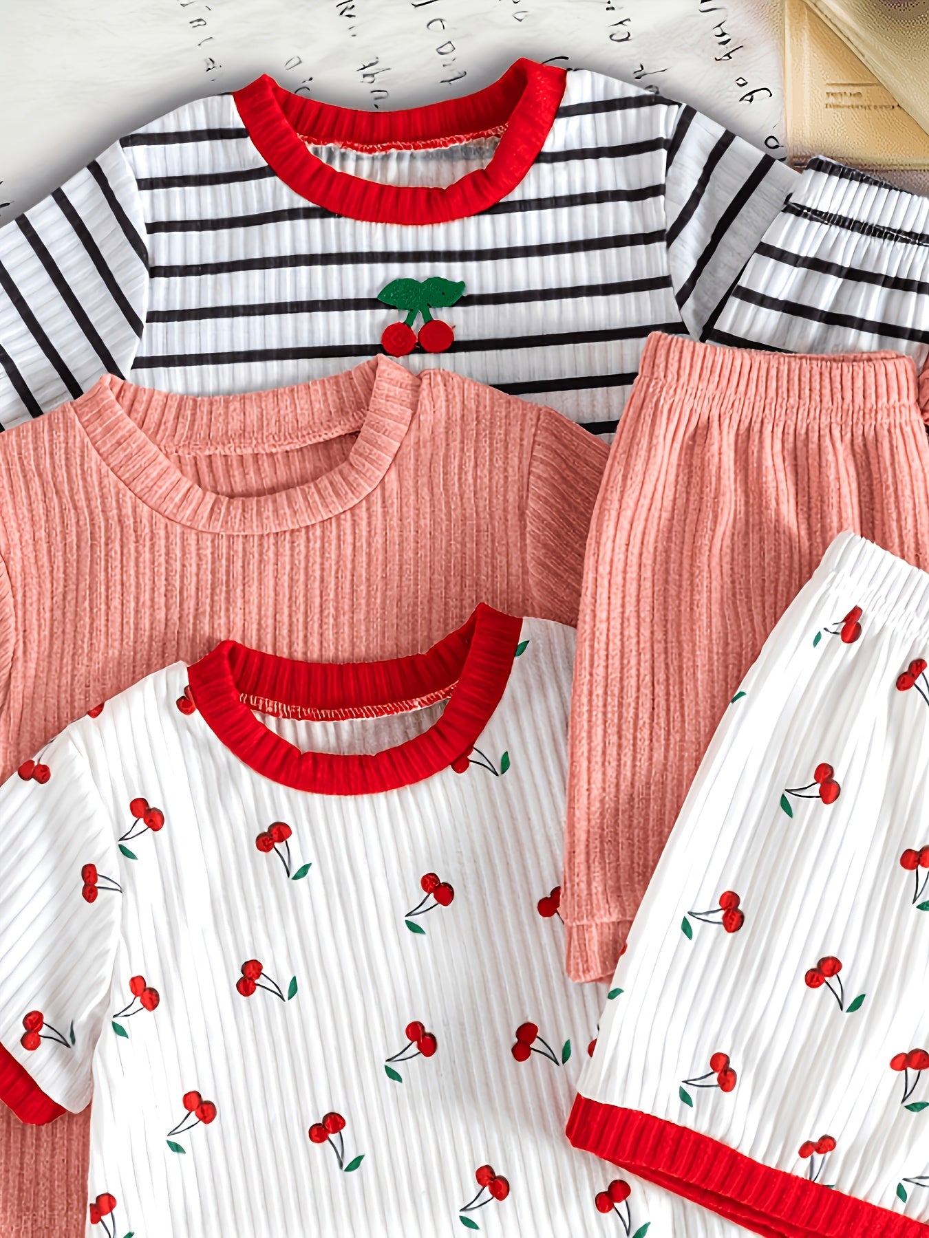 6pcs Set Of Girls' Summer New Cherry Fruit Pattern Short-sleeve And Shorts Comfortable Outfit, Perfect for Outdoor