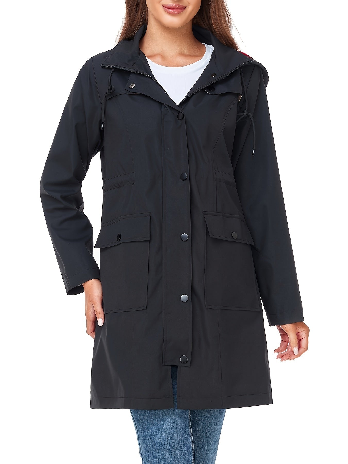 Women's High Quality Rain Jacket Lightweight Raincoat Hooded Windbreaker Trench Coat