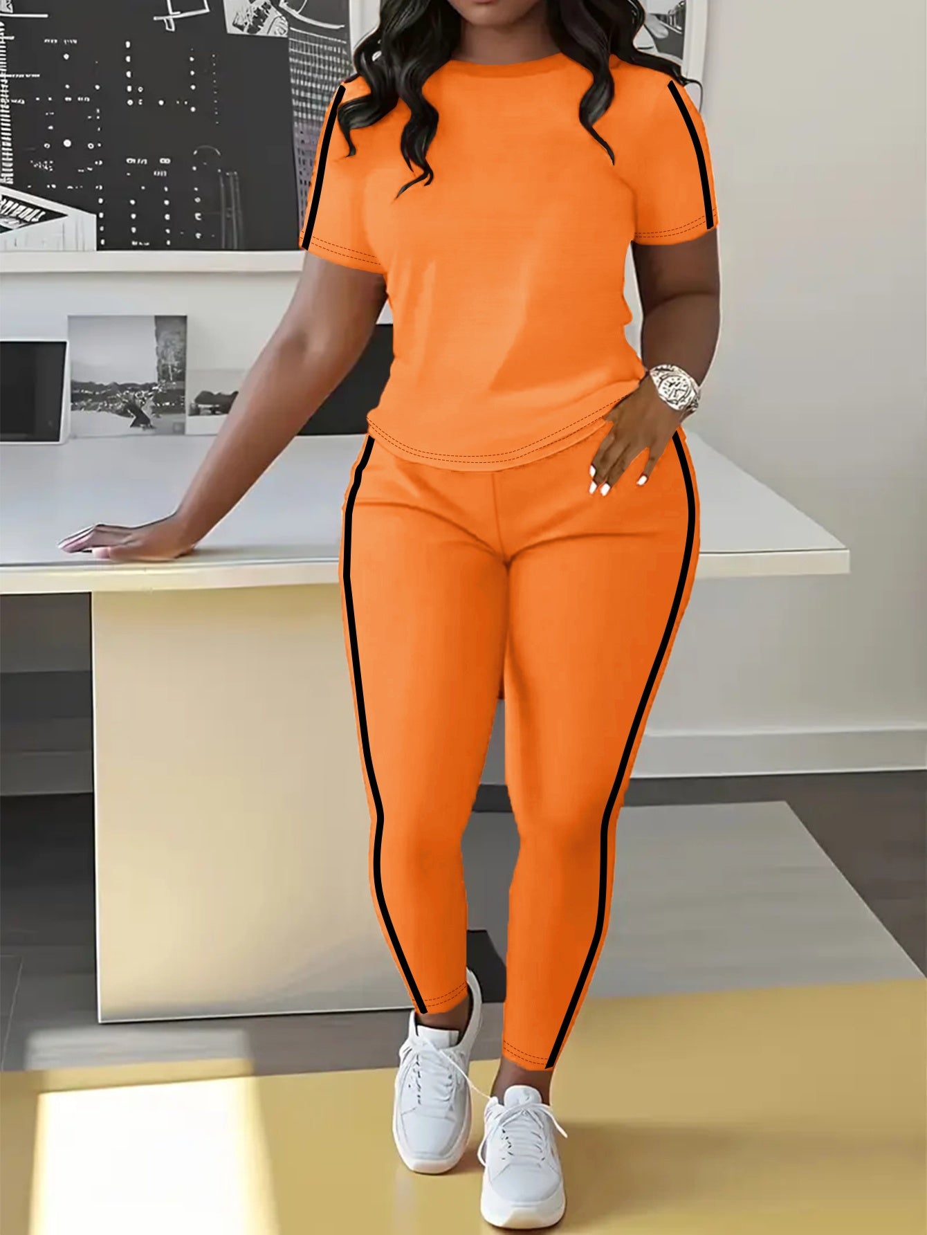 Women's Two-piece Casual swear Striped Edge Short Sleeved Round Neck Pullover, Slim Fit Striped Edge Pants Set, s Suit