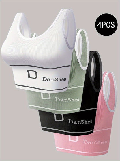 Set of 4 Esselegance Wireless Sports Bras with High Support - Features a Cross-Back Seamless Style And Removable Padding, Ideal for Yoga, Running, And Workouts