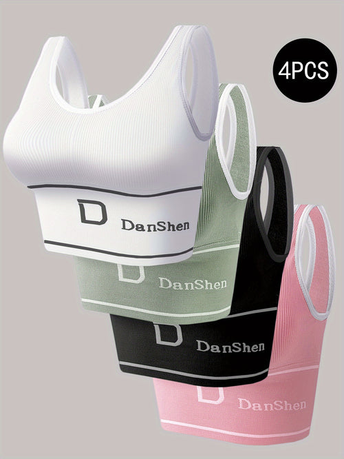 Set of 4 Esselegance Wireless Sports Bras with High Support - Features a Cross-Back Seamless Style And Removable Padding, Ideal for Yoga, Running, And Workouts