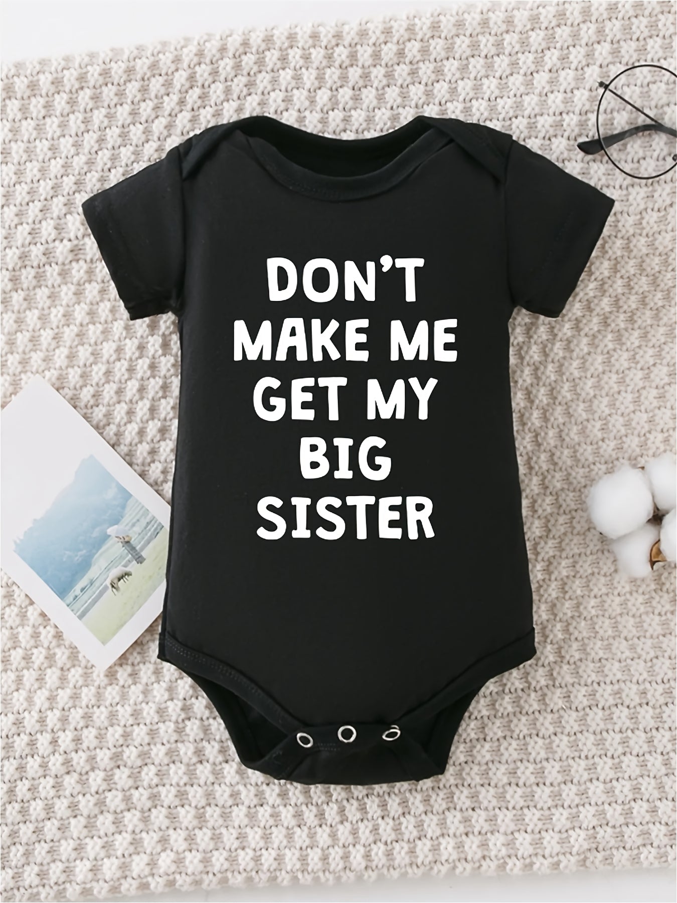 DON'T MAKE ME GET MY BIG SISTER print Casual Comfortable Short Sleeve Baby Romper Funny Newborn Boys Clothes 100% Cotton Triangle Jumpsuit, for Outdoor