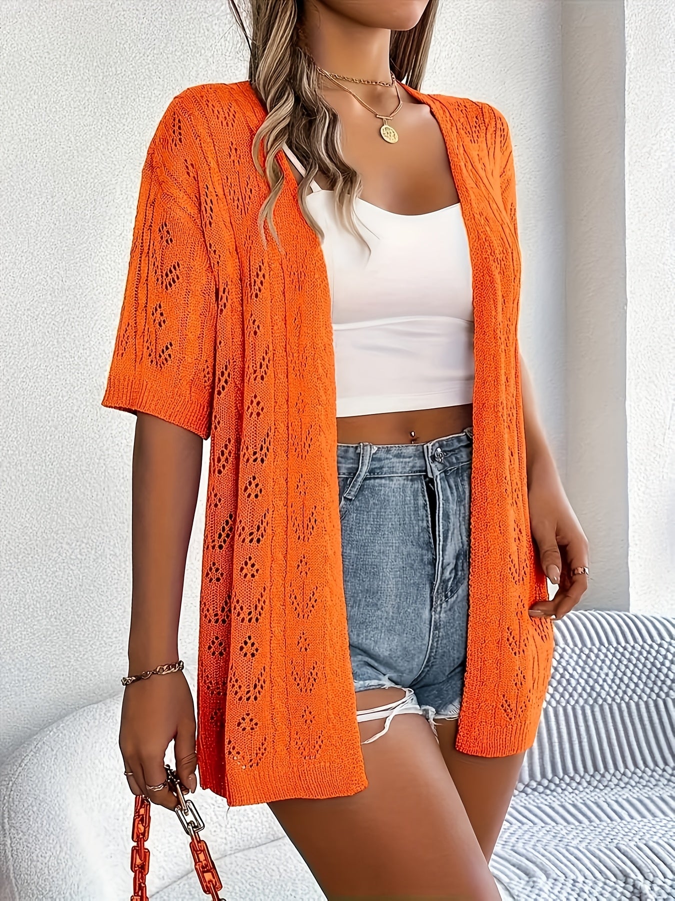 Plus Size - Summer New Arrival Women'S Openwork Short Sleeve Cardigan Loose Mid-Length Cover-Up Lightweight Breathable Outerwear Top