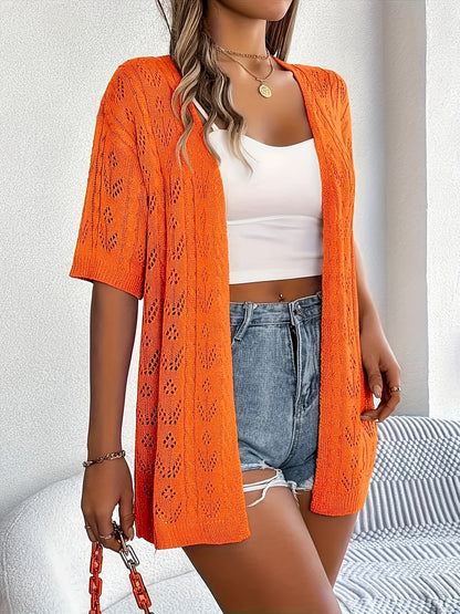 Plus Size - Summer New Arrival Women'S Openwork Short Sleeve Cardigan Loose Mid-Length Cover-Up Lightweight Breathable Outerwear Top