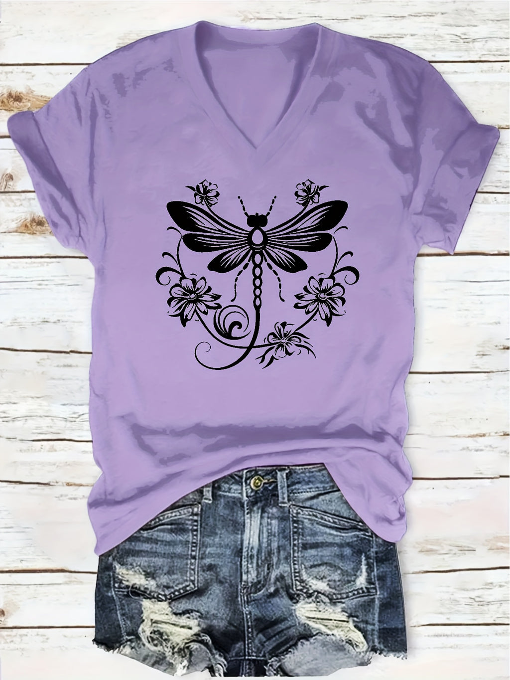 "Dragonfly" Print Pattern T-shirt, Short-sleeved V-neck Casual Top, Suitable for Summer and Spring, Women's Wear, a Great Gift for Friends and Family on Holidays
