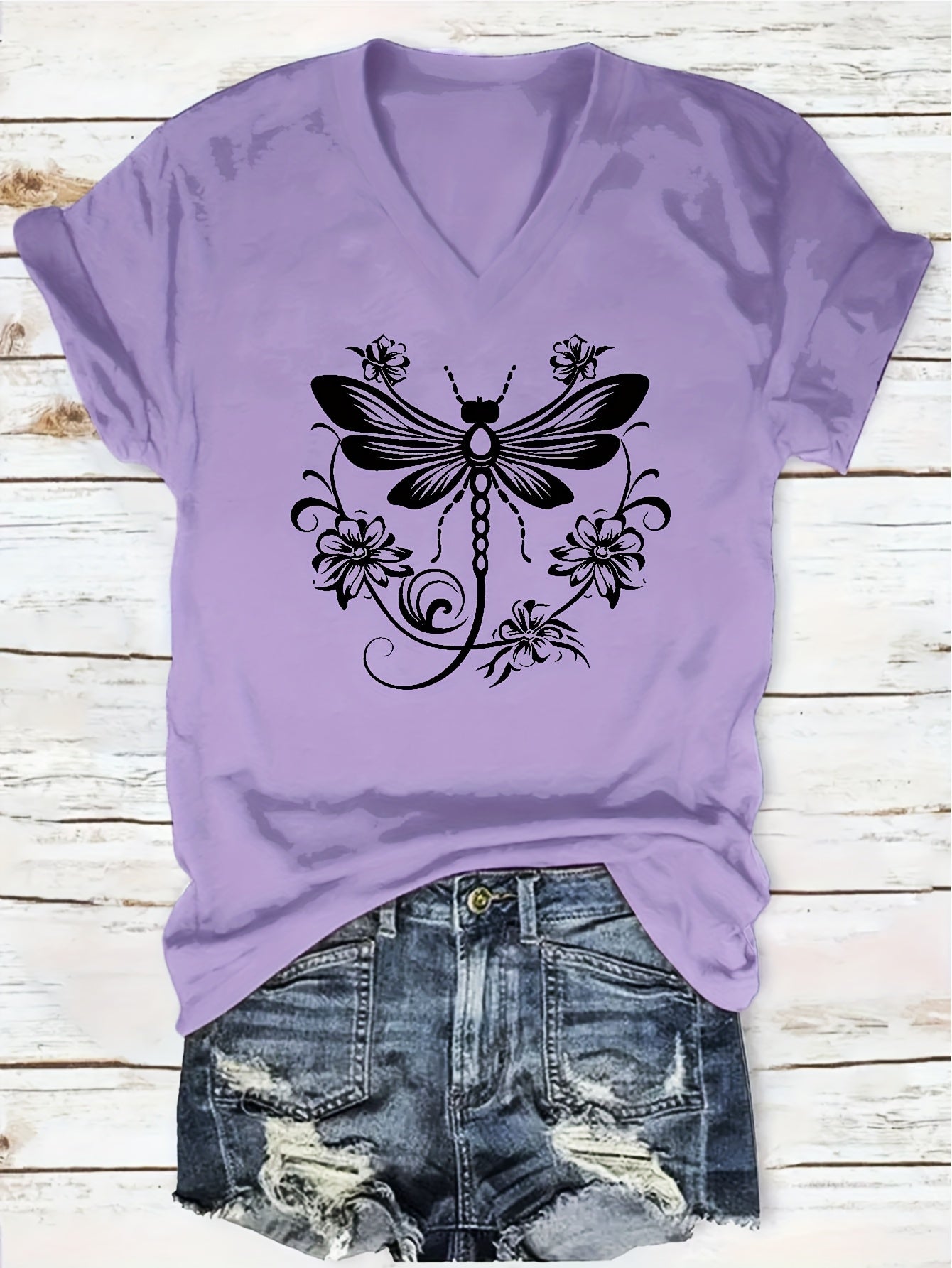 "Dragonfly" Print Pattern T-shirt, Short-sleeved V-neck Casual Top, Suitable for Summer and Spring, Women's Wear, a Great Gift for Friends and Family on Holidays