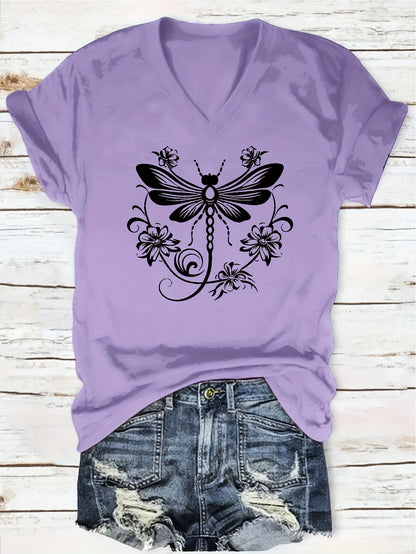 "Dragonfly" Print Pattern T-shirt, Short-sleeved V-neck Casual Top, Suitable for Summer and Spring, Women's Wear, a Great Gift for Friends and Family on Holidays