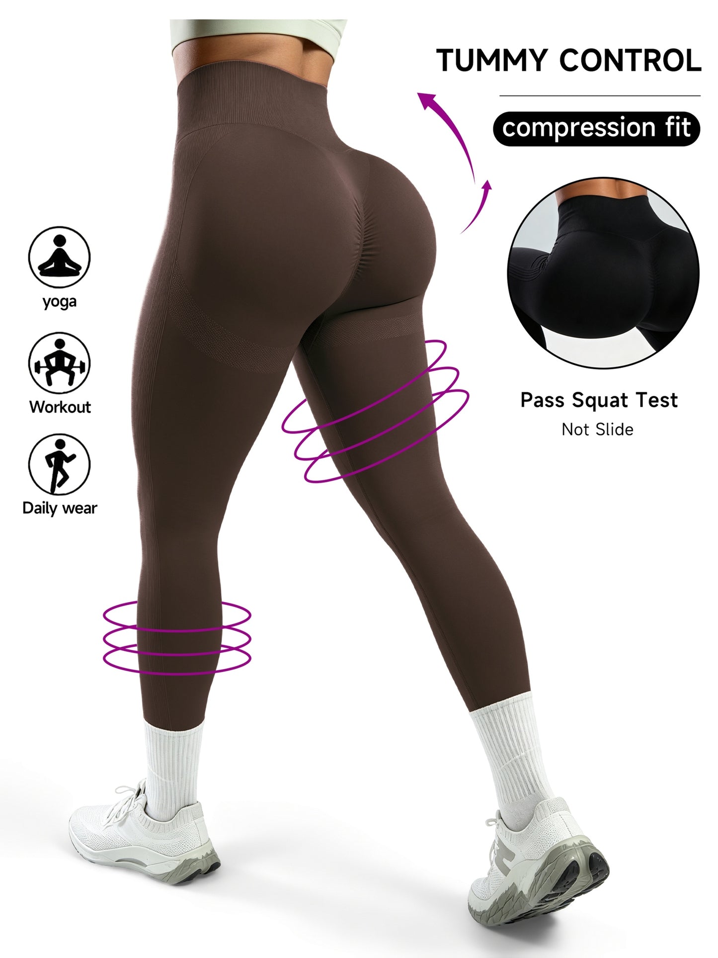 Women's High Waist Peach Lift Yoga Pants- Tummy Control, Breathable, Four-Way Stretch, All-Season Fitness Leggings, Brown, Fitness Clothing| Solid Color Design| High Elastic Fabric