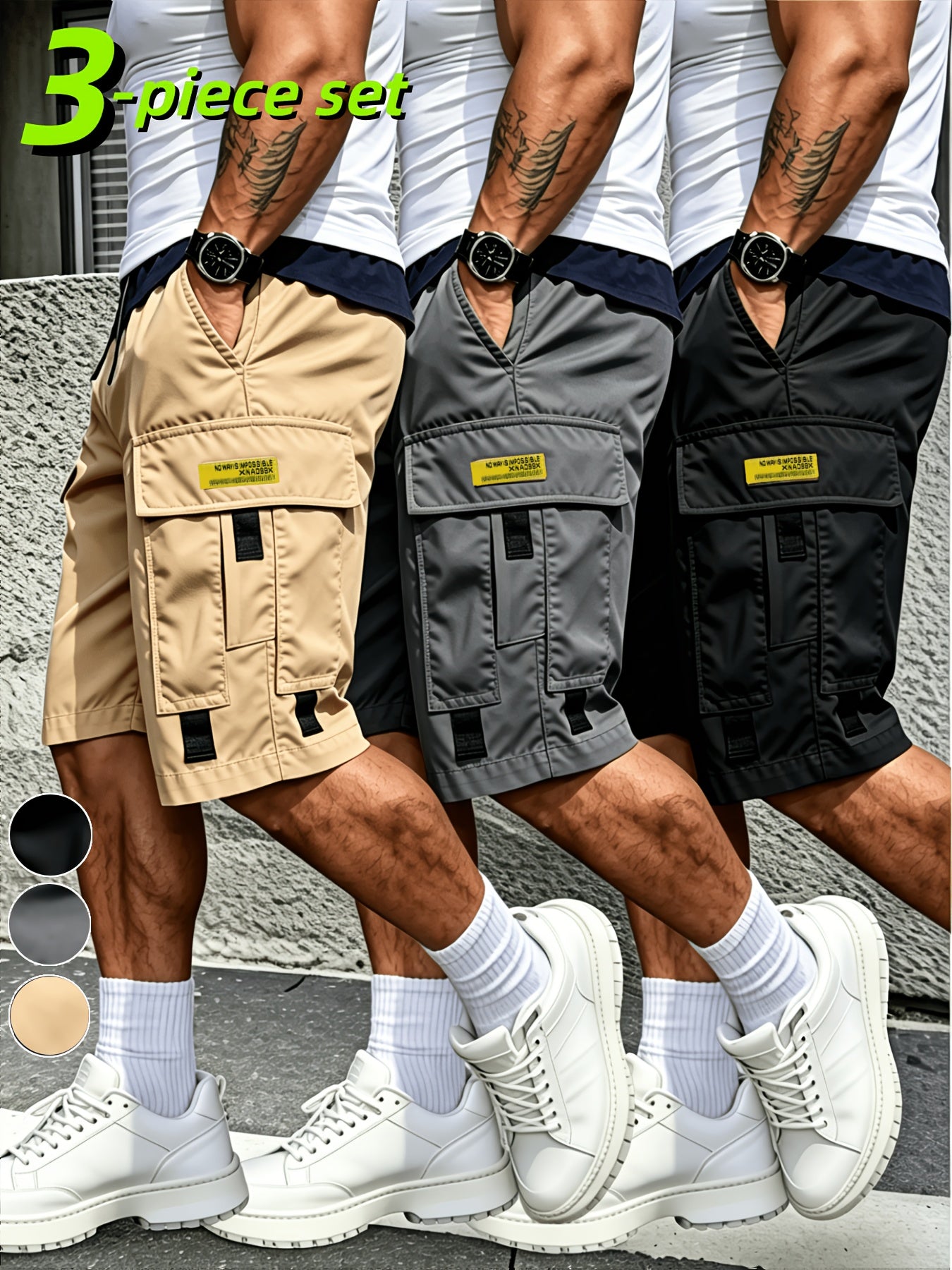 3pcs Men's Cargo Shorts with Multi-Pocket & Drawstring Waist - Lightweight Loose-Fit Shorts Suitable for Outdoor,, Streetwear, Casual Wear - Summer Shorts with Utility Belt for Daily Use and Gift Choice