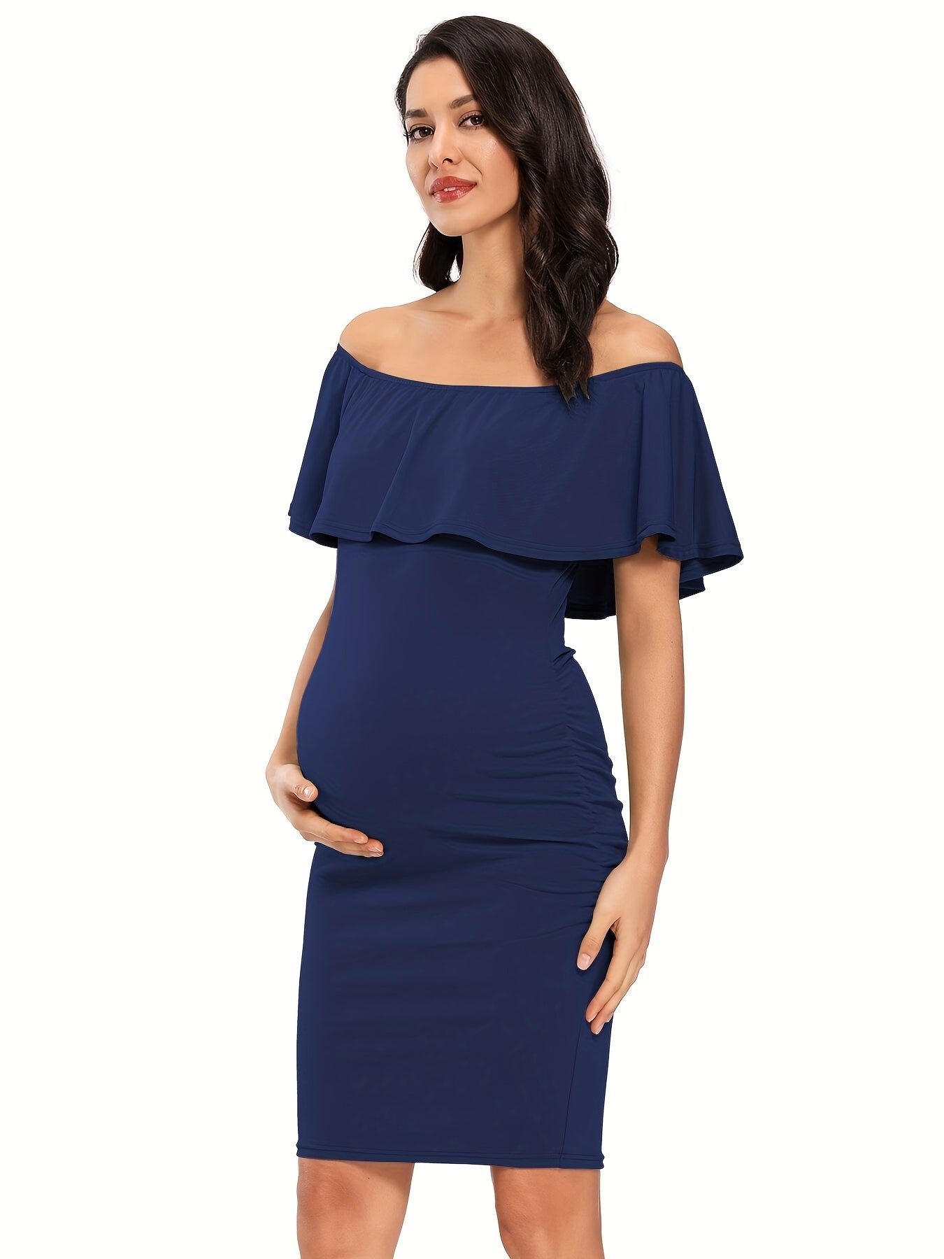 Women's Maternity Dress Off Shoulder Ruffle Sleeveless Bodycon Dress for Baby Shower