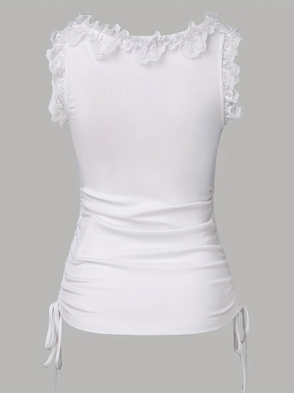 Women's Lace Trim Round Neck Vest - Adjustable Side Drawstring, Breathable Knit Fabric, Medium Stretch, Machine Washable, All-Season Casual & Resort Wear