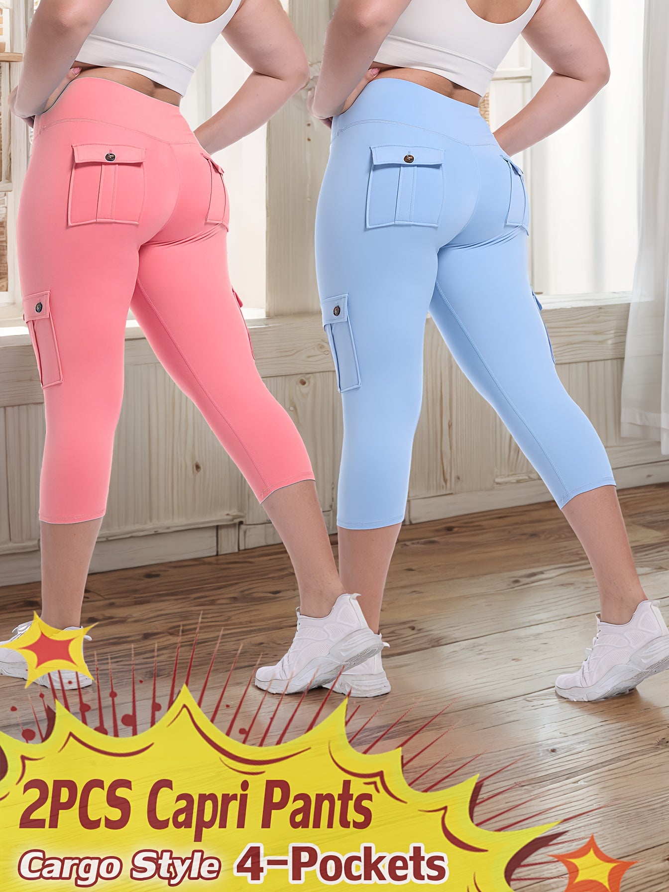 2pcs-Black & Pink High-Waist Leggings - product view 25