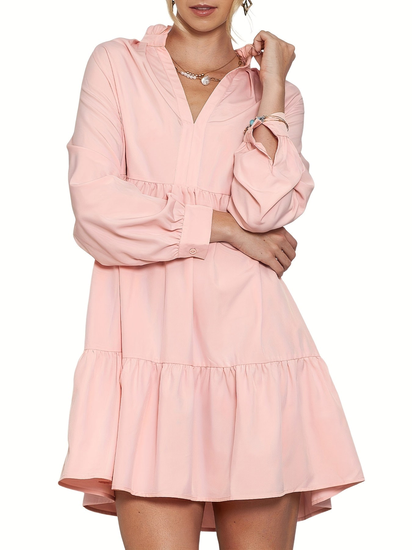 Casual V-Neck Long-Sleeve Tunic Dress for Women with a Loose Fit And Ruffled Tiers for Fall