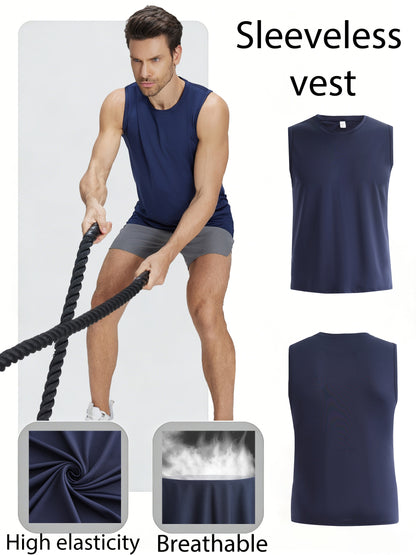 5pcs Men's Quick-Dry Sleeveless Athletic Vests - Breathable Moisture-Wicking Shirts, Solid Color Round Neck Gym Wear Suitable for Sports, Fitness, Outdoor Activities, Spring & Summer, Machine Washable Sleeveless