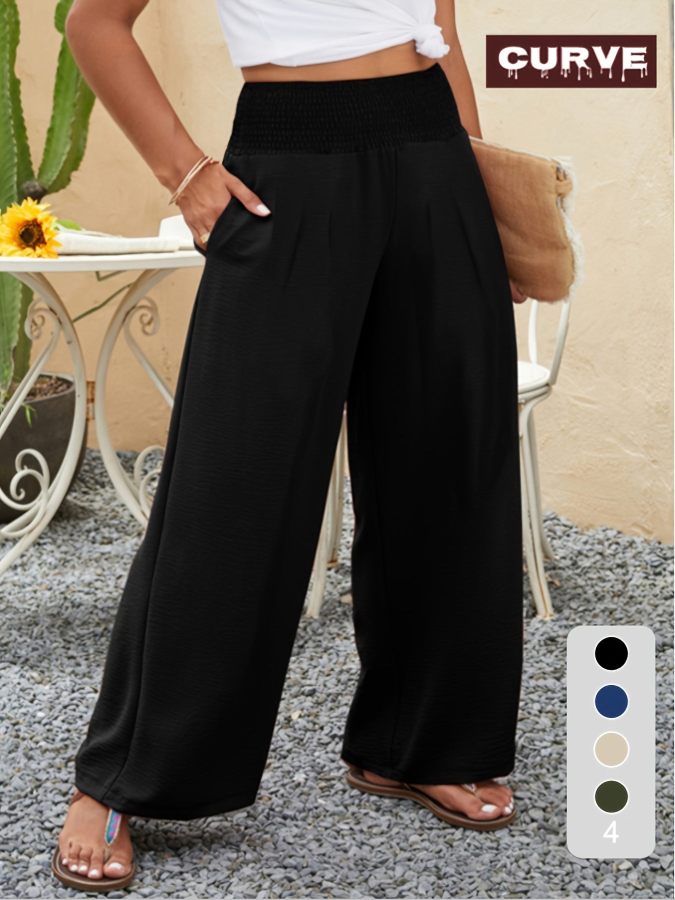 Plus Size, Chic High-Waisted Wide Leg Trousers | Plus-Size Military Green Casual Pants for Women - Spring, Summer And Autumn Comfort with Elastic