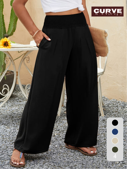 Plus Size, Chic High-Waisted Wide Leg Trousers | Plus-Size Military Green Casual Pants for Women - Spring, Summer And Autumn Comfort with Elastic
