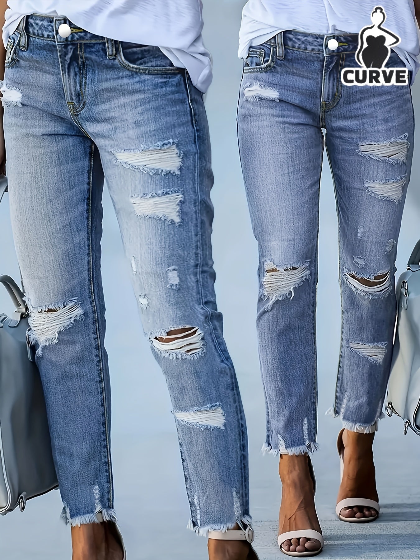 Plus Size Women's Blue Distressed Washed Denim Jeans | Multiple Rips & Destroyed Hem | Slim Fit, Unique Design | Versatile Stylish Style for All-Season Commuting