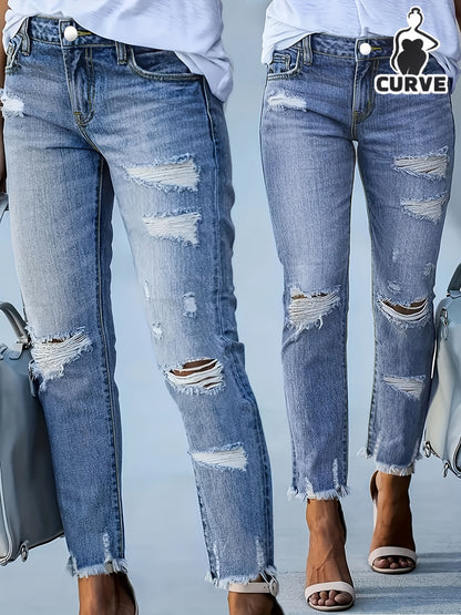 Plus Size Women's Blue Distressed Washed Denim Jeans | Multiple Rips & Destroyed Hem | Slim Fit, Unique Design | Versatile Stylish Style for All-Season Commuting