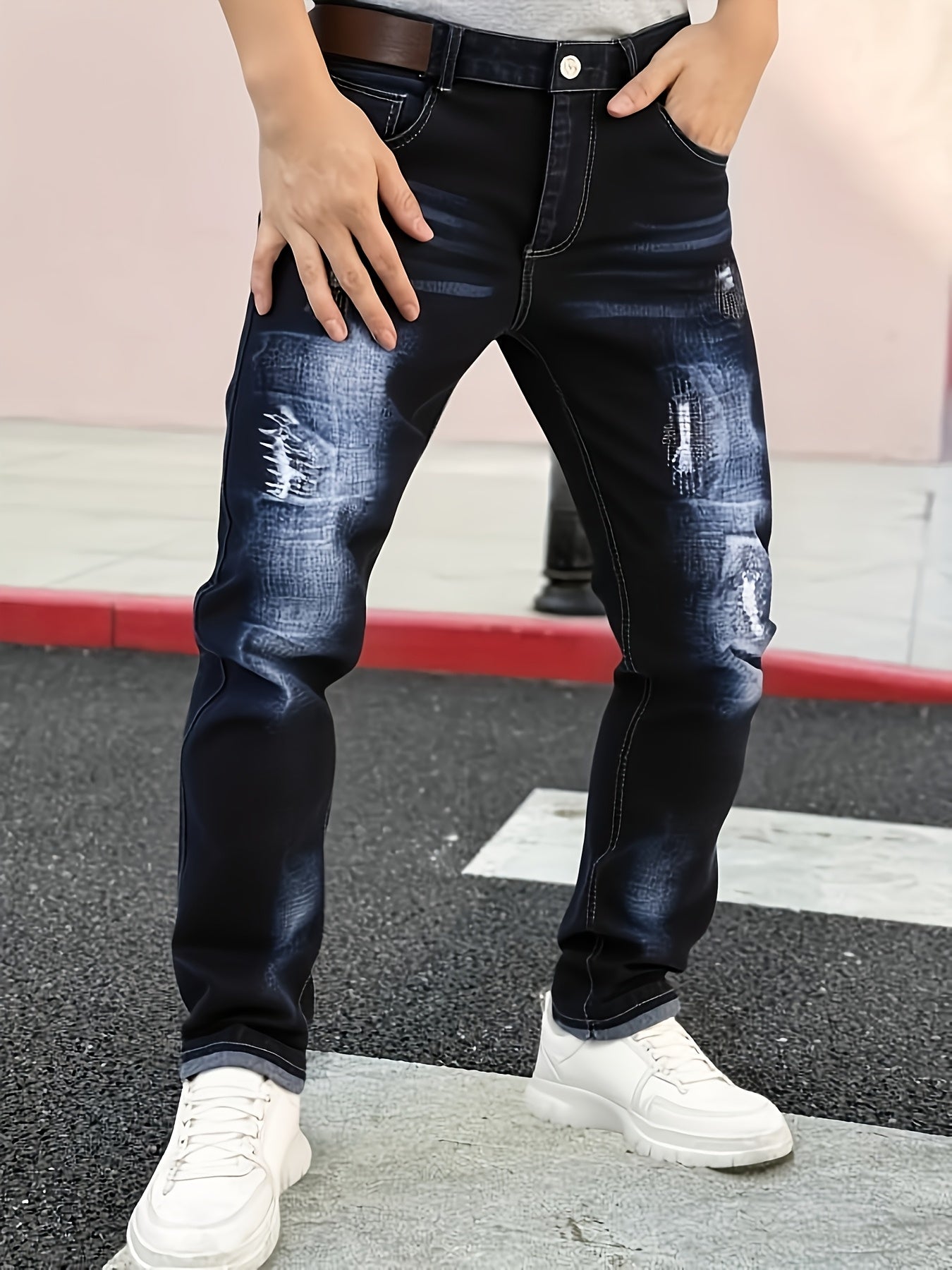 [HME] Autumn New Men'S Jeans, Mid-Waist Stretch Slim Straight Leg, Retro Trendy Brand Perforated Design, Heavy Washed Blue Natural Whitening Effect, Classic Five-Pocket Style, YKK Zipper, Essential Denim Long Pants for Men'S Fashionable Outfits