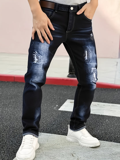 [HME] Autumn New Men'S Jeans, Mid-Waist Stretch Slim Straight Leg, Retro Trendy Brand Perforated Design, Heavy Washed Blue Natural Whitening Effect, Classic Five-Pocket Style, YKK Zipper, Essential Denim Long Pants for Men'S Fashionable Outfits